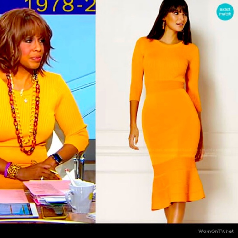 New York & Company Eva Mendes Mustard Yellow Midi Mermaid Trumpet Dress
